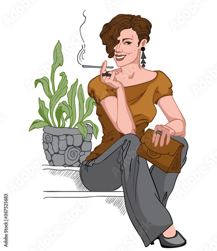 Smiling short haired brunette dressed in black pants, earrings and pants, brown purse and blouse sitting on staircase and smoking a cigarette
