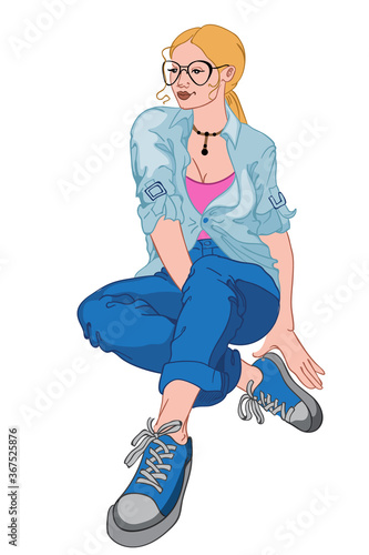 Young blonde woman with serious facial expression in blue shirt, jeans, sneakers, pink t-shirt and glasses sitting on the floor