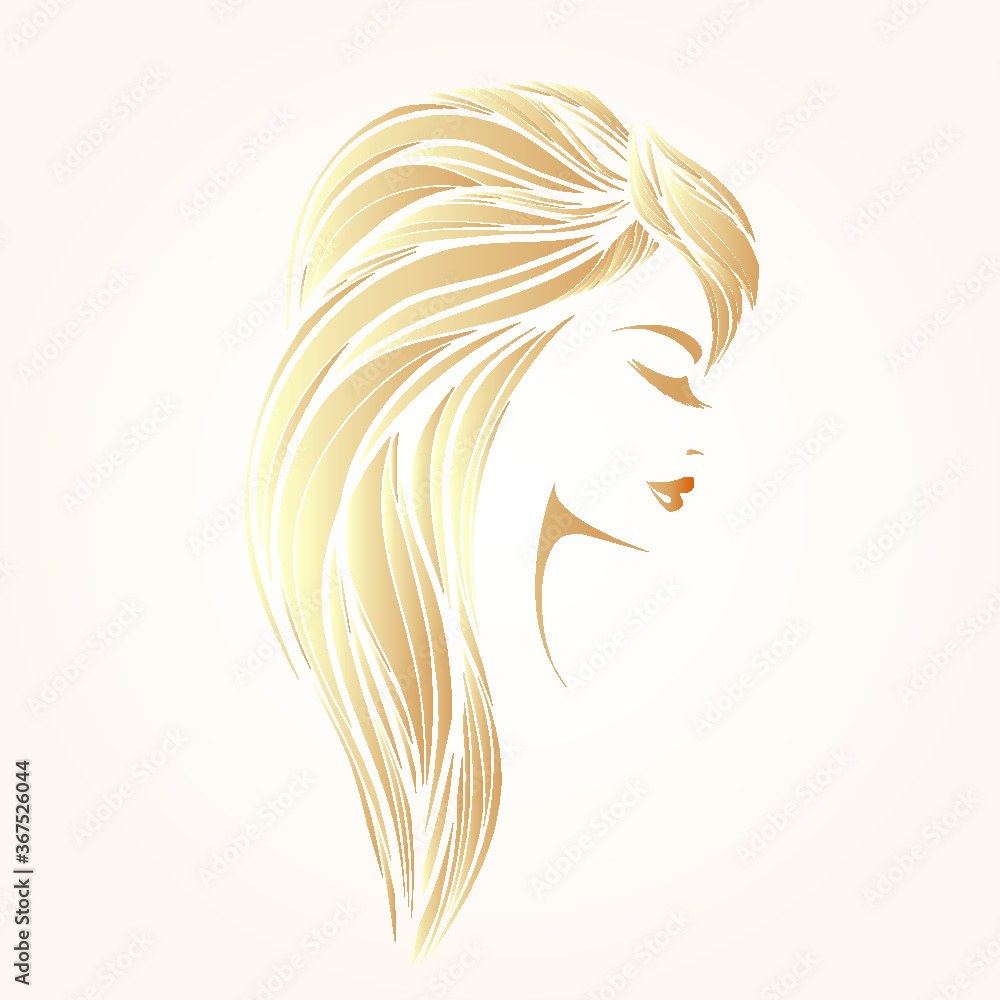 Beautiful woman with long, wavy hairstyle and elegant makeup.Hair salon and beauty studio logo.Blonde young lady portrait illustration.Pretty female face.Profile view. Beautiful woman with long, wavy hairstyle and elegant makeup.Hair salon and beauty studio logo.Blonde young lady portrait illustration.Pretty female face.Profile view.
