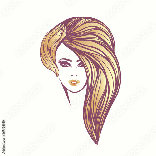 Beautiful woman with long, wavy hairstyle and elegant makeup.Hair salon and beauty studio logo.Blonde young lady portrait illustration.Pretty female face.Front view.