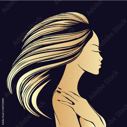 Beautiful woman with long, wavy hairstyle, elegant makeup and manicure.Hair salon, nails art and beauty studio logo.Blonde young lady portrait illustration.Pretty female face.Profile view.
