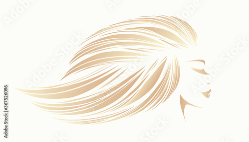 Beautiful woman with long, wavy hairstyle flowing and elegant makeup.Hair salon and beauty studio logo.Blonde young lady portrait illustration.Pretty female face.Profile view.