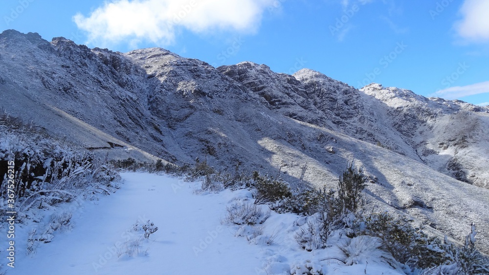 Snow covered Track in Mountains in winter, Cape Overberg, South Africa
