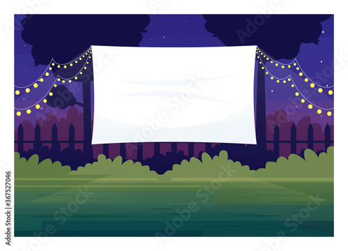 Festive outdoor cinema screen semi flat vector illustration. Open air decorated place with lanterns. Film premiere outside. Public park. Outdoors movie night 2D cartoon scene for commercial use