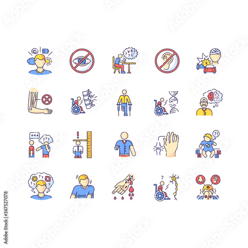 Disability types RGB color icons set. Blindness and deafness. Developmental delay form dyslexia. Mental problem. Dwarfism, sensory hypersensitivity. Leg and hand amputee. Isolated vector illustrations