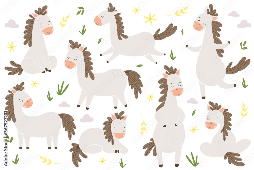 Ponies set hand drawn style. Vector illustration Ponies set hand drawn style. Vector illustration