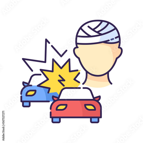 Acquired brain injury RGB color icon. Head injury from car accident. Trauma from automobile collision. Health care problem from impact damage. Medical condition. Isolated vector illustration