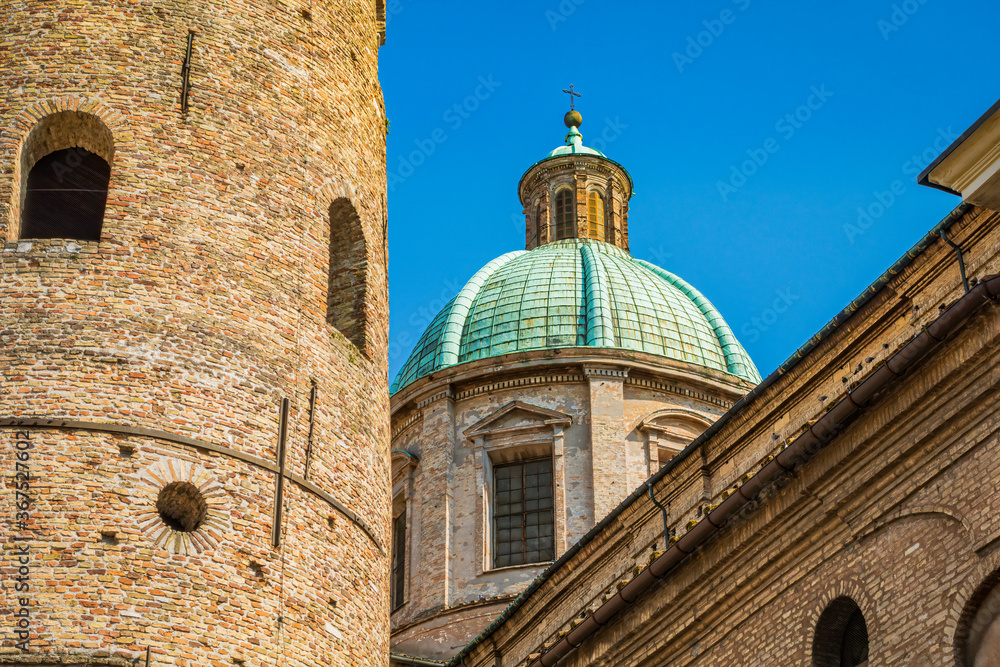 Ravenna Cathedral, Archiepiscopal museum and Baptistery of Neon exterior, behind the Duomo of Ravenna. Relics of early Christian Ravenna are preserved, including mosaics from first cathedral church