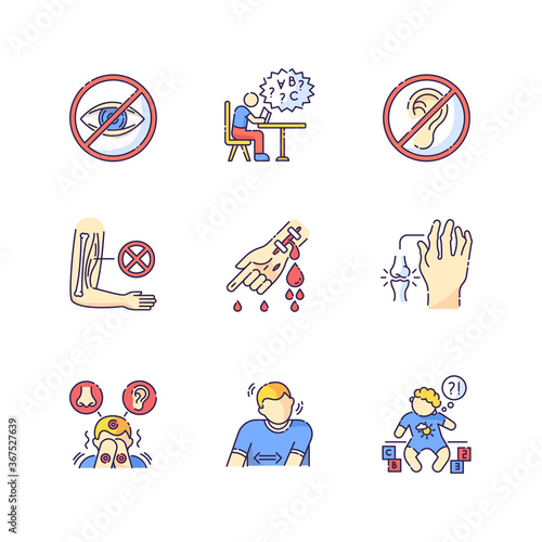 Illness types RGB color icons set. Deafness and blindness. Student with dyslexia. Muscular dystrophy. Bleeding from hemophilia. Sensory hypersensitivity. Isolated vector illustrations