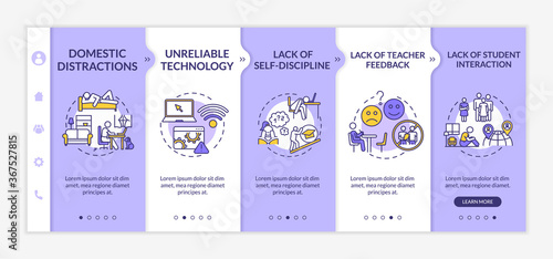 Distance learning disadvantages onboarding vector template. Lack of student interaction. Responsive mobile website with icons. Webpage walkthrough step screens. RGB color concept