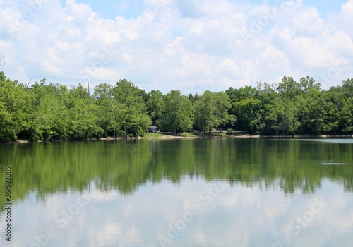 A beautiful sunny day at the fishing lake at the park.