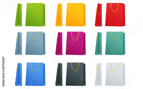 Fototapeta Naklejka Na Ścianę i Meble -  Set of Colorful Empty Shopping Bags Isolated in White. Multicolored empty shopping bag for business, food, fashion.