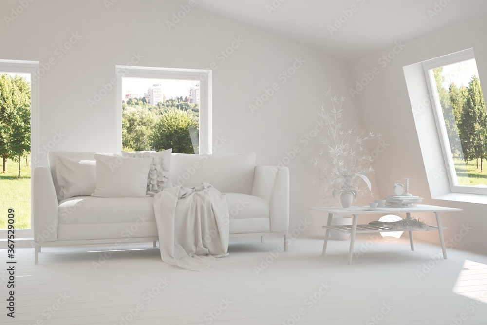 Obraz premium White room with sofa and green landscape in window. Scandinavian interior design. 3D illustration