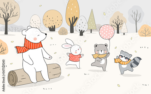 Draw happy animal bear rabbit raccoon playing forest in fall.