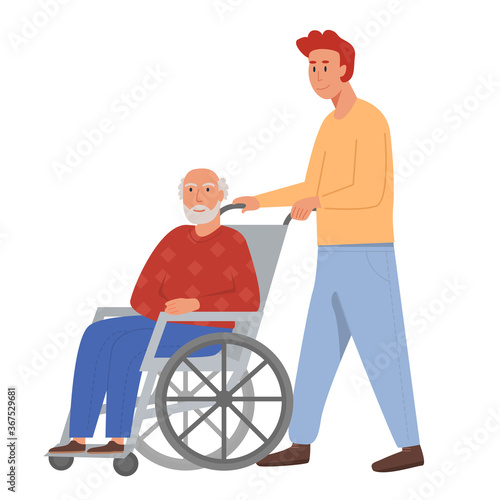 Son with old man on wheelchair. Grandpa sitting in wheelchair. Retired elderly senior age man disabled. Concept for assisted living or nursing home. Flat vector illustration on white background