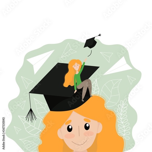 Vector flat line illustration, redhead girl in black square cap. School leaver or university graduation concept, isolated on white background