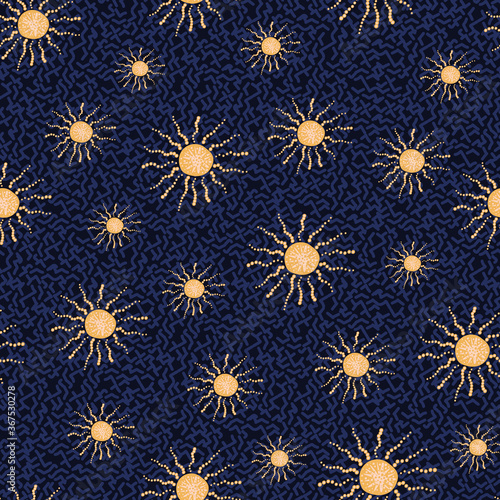 Magical suns on a dark backgorund seamless vector pattern. Surface print design for fabrics, stationery, scrapbook paper, packaging, gift wrap, and packaging.