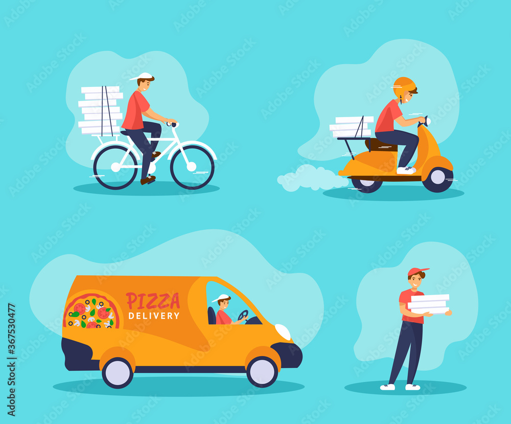 Set of express pizza delivery service illustration: bicycle, scooter, van, courier with boxes Set of express pizza delivery service illustration: bicycle, scooter, van, courier with boxes