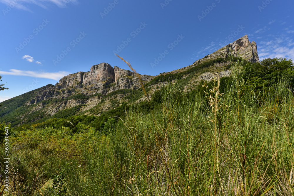 Underneath view of the 3 peaks (3 becs) hiking trail at the french Vercors mountains Underneath view of the 3 peaks (3 becs) hiking trail at the french Vercors mountains