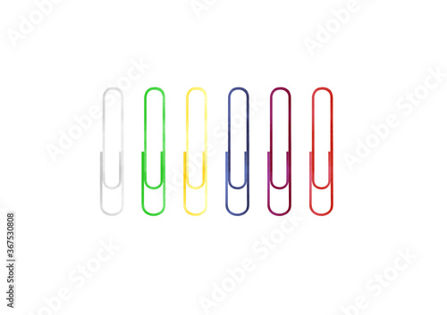 Hand drawn watercolor illustration of  office colored paper clips. Plastic paperclips top view. Isolated objects on white background. Education Back to School concept.