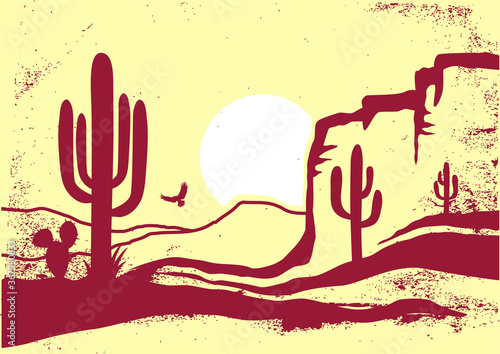 American Desert with cactuses and sun. Vintage vector of Arizona Desert Graphic illustration on old paper texture background
