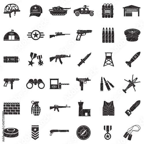 Army Icons. Black Scribble Design. Vector Illustration.