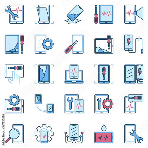Smartphone and Tablet Repair blue creative icons collection. Vector Broken Phone signs