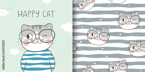 Draw greeting card and print pattern of happy cat.