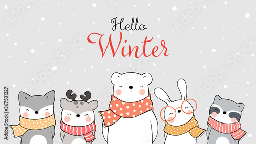 Draw happy animal in snow for winter and Christmas.