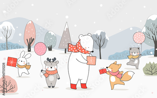Draw happy bear fox deer and rabbit playing in snow.