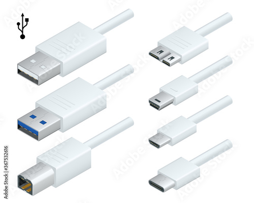 Isometric white usb types port plug in cables set with realistic connectors. Connector and ports. USB type A, type B, type C, Micro, Mini, MicroB and type 3.0