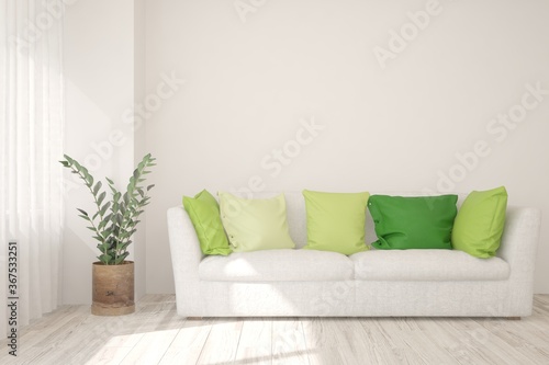 White modern room with sofa. Scandinavian interior design. 3D illustration