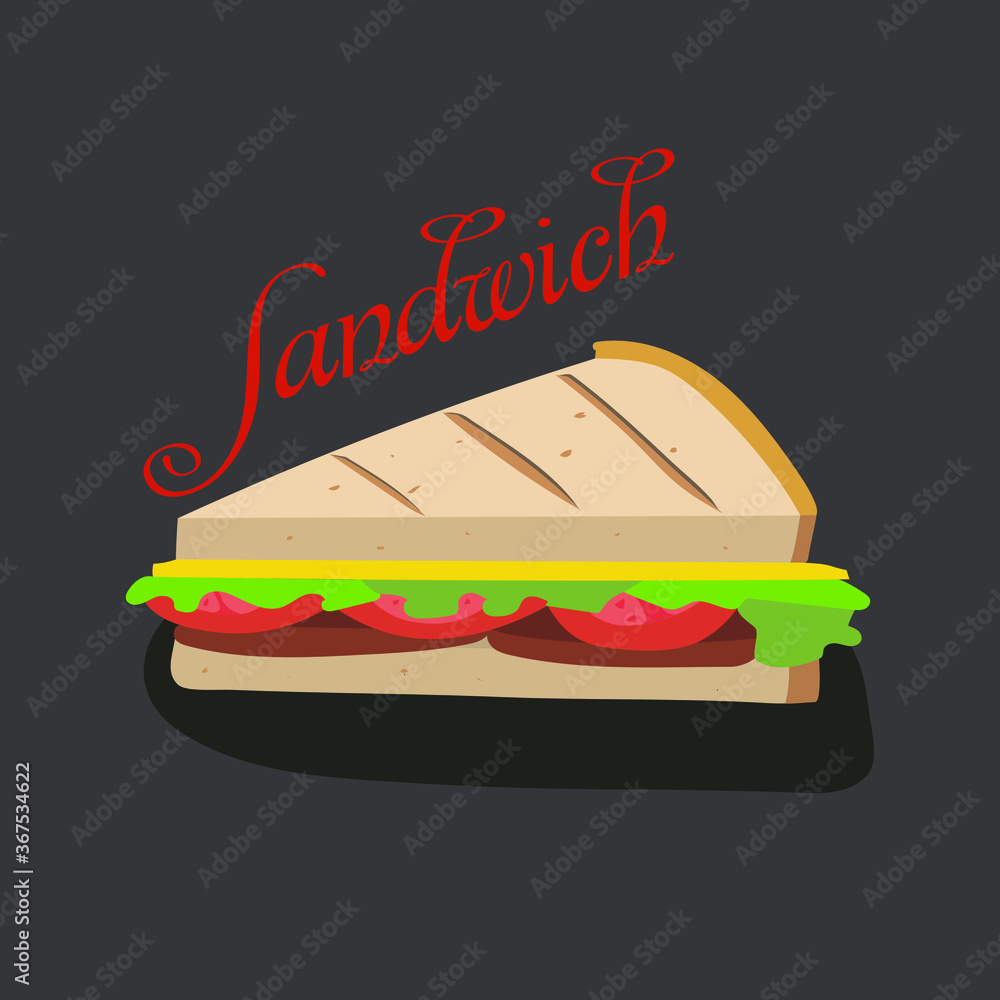 Fast food. Fresh white bread sandwich, tomato salad, cheese and meat. Vector illustration of street food for menu and packaging design Fast food. Fresh white bread sandwich, tomato salad, cheese and meat. Vector illustration of street food for menu and packaging design