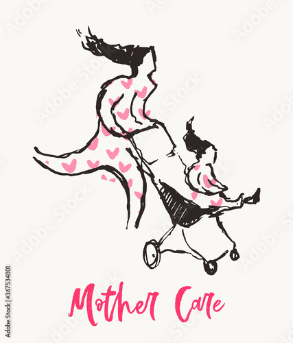 Mom walking baby carriage hand drawn vector sketch