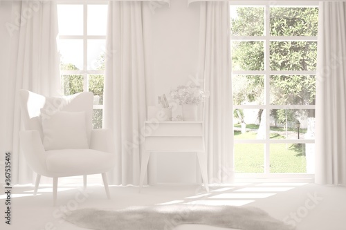 White room with armchair and green landscape in window. Scandinavian interior design. 3D illustration