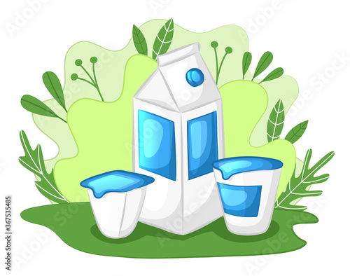 Natural dairy products concept. Milk in cardboard box, sour cream and yogurt in a clearing. Cartoon style. Vector illustration.