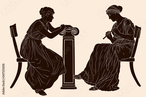 An ancient Greek woman in a tunic sits on a chair and plays the pipe.