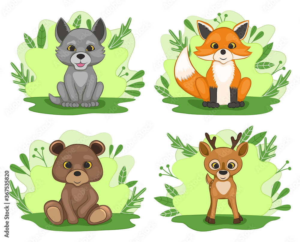 Naklejka premium Set of cute cartoon cubs of forest animals. Wolf, fox, bear and deer. Cartoon style. Vector illustration.