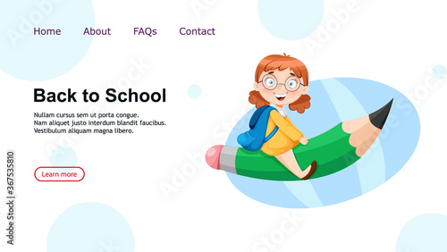 Back to school. Cute schoolgirl sitting on big pencil