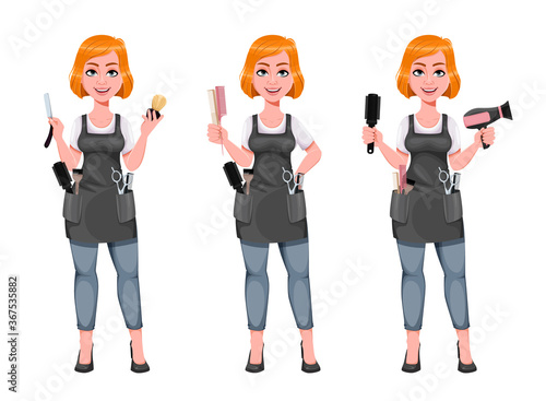 Cute woman barber. Female hairstylist