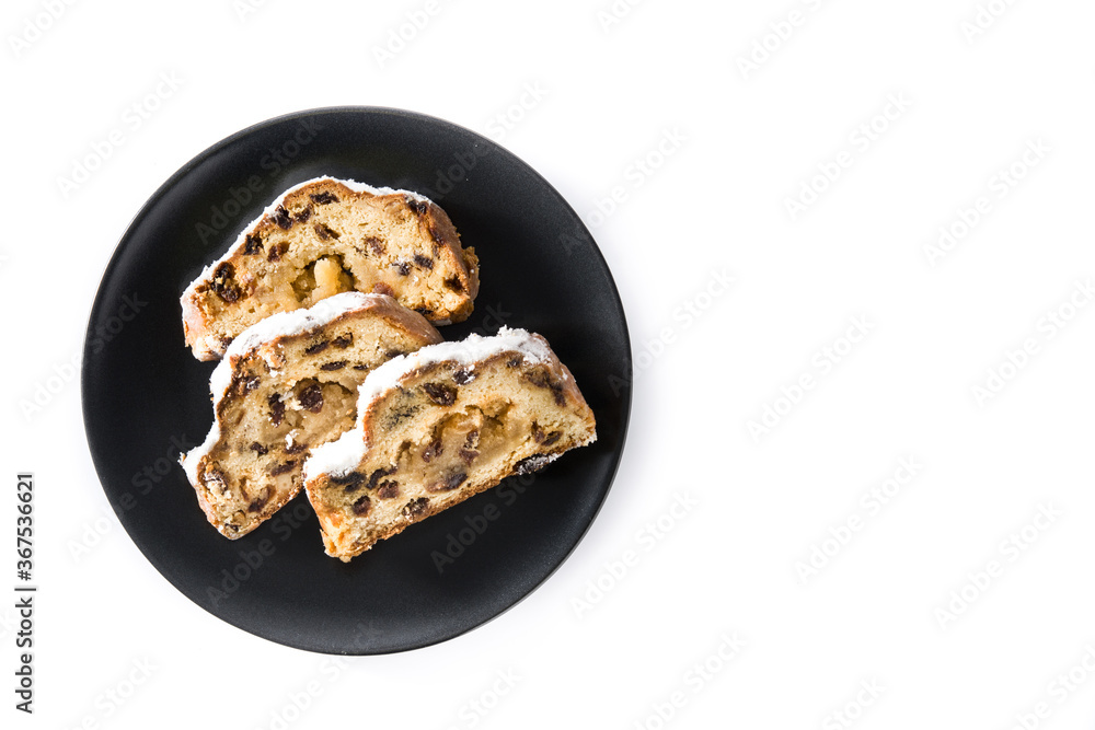 Christmas stollen fruit slice isolated on white background.Top view. Copy space Christmas stollen fruit slice isolated on white background.Top view. Copy space