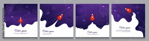 Vector flat illustration with text. Outer space exploration wallpaper. Element for design banner, social media background, blog post. Spaceship