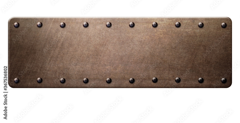 Old brass plate with rivets isolated on white background. 3d illustration
