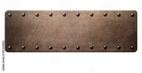 Old brass plate with rivets isolated on white background. 3d illustration