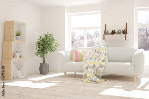 White minimalist room of luxury home. Scandinavian interior design with modern sofa. 3D illustration © AntonSh