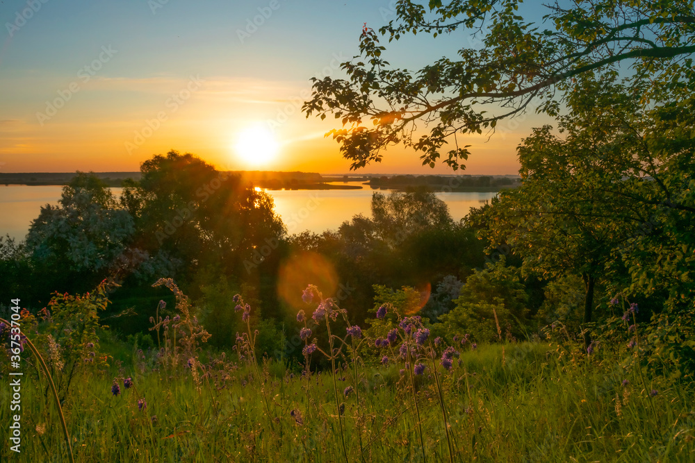 Beautiful sunrise dawn, river landscape of beautiful Ukrainian nature.