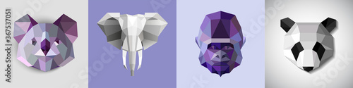 A set of stylized images of animals. Abstract head, icon drawn from geometric shapes. Origami for animal prints on fashion clothes. Rare animals, koala, large elephant, gorilla and panda.