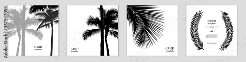 Black and white postcard templates. Vector illustration with the image of palm trees and leaves. Logo or business card or website design. As a postcard or sticker