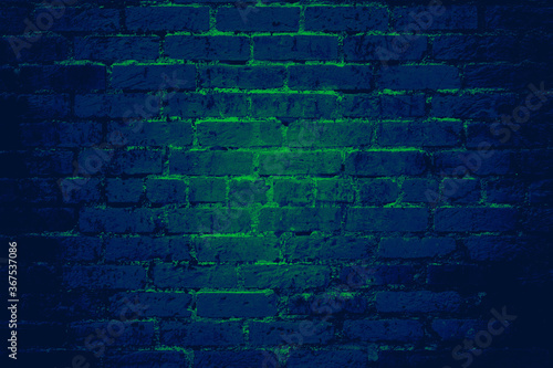 Obraz na płótnie Blue brick wall background texture with glowing green light shining through cracks w salonie