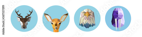 A set of stylized images of animals. Abstract head on a blue background, icon drawn from geometric shapes. Origami for animal prints on fashion clothes. Horned deer, little doe, eagle and seal